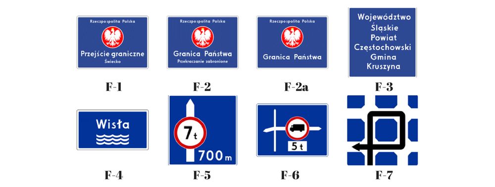 Przejście graniczne (F-1); Przekraczanie granicy zabronione (F-2); Granica państwa (F-2a); Granica obszaru administracyjnego (F-3); Nazwa rzeki (F-4); Uprzedzenie o zakazie (F-5); Znak uprzedzający, umieszczany przed skrzyżowaniem (F-6); Sposób jazdy w związku z zakazem skręcania w lewo (F-7)