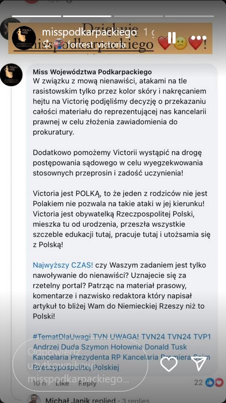 Organizatorzy konkursu zapowiedzieli, że pomogą Victorii w krokach prawnych