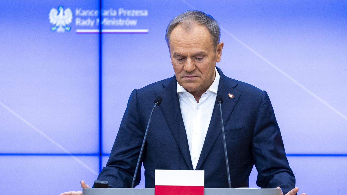 Polish Prime Minister Donald Tusk during a press conference after talks with Ukrainian President Volodymyr Zelensky in Warsaw, Poland, on January 15, 2024. (Photo by Andrzej Iwanczuk/NurPhoto via Getty Images)