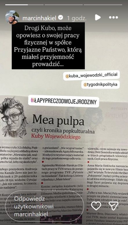 Marcin Hakiel odpowiedział na złośliwość Kuby Wojewódzkiego