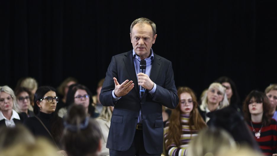 Donald Tusk, the leader of the largest opposition party, Civic Platform (PO), speaks to women during his visit in Pszczyna, Silesia region of Poland on March 20. 2023.  (Photo by Beata Zawrzel/NurPhoto via Getty Images)