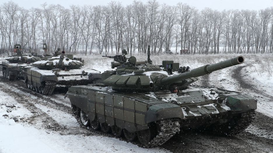 Motorized rifle troops hold drills in Russian Southern Military DistrictROSTOV REGION, RUSSIA - JANUARY 27, 2022: T-72B3 tanks of the Russian Southern Military District's 150th Rifle Division take part in a military exercise at Kadamovsky Range. The division's units will work out a wide range of tasks including organization of overall support for tactical exercises as part of battalion tactical groups during the exercise. Erik Romanenko/TASS (Photo by Erik Romanenko\TASS via Getty Images)Erik Romanenkorussian army, exercise, drills, training