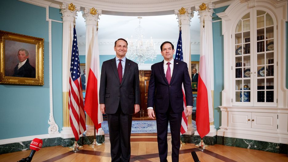 WASHINGTON, DC - FEBRUARY 21: U.S. Secretary of State Marco Rubio (R) greets Polish foreign minister Radoslaw Sikorski at the State Department on February 21, 2025 in Washington, DC. Sikorski is in the U.S. to attend meetings on the war in Ukraine. (Photo by Andrew Harnik/Getty Images)