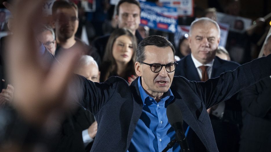 Prime Minister Mateusz Morawiecki is seen speaking during a campaign rally in Sandomierz, Poland on 13 October, 2023. (Photo by Jaap Arriens/NurPhoto via Getty Images)