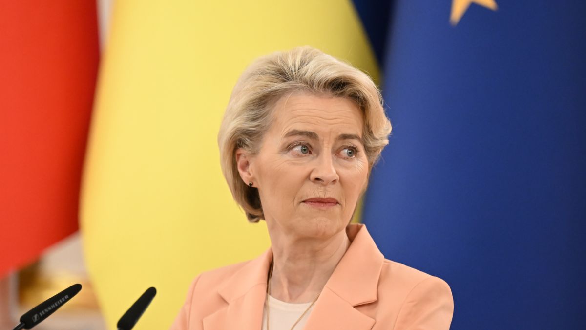 KYIV, UKRAINE - FEBRUARY 24: Italian Prime Minister Giorgia Meloni (not seen), Belgian Prime Minister Alexander De Croo (not seen), Canadian Prime Minister Justin Trudeau (not seen), President of the European Comission Ursula von der Leyen and Ukrainian President Volodymyr Zelenskyy (not seen) hold a joint press conference as the war between Russia and Ukraine marks its second anniversary in Kyiv, Ukraine on February 24, 2024. (Photo by Viacheslav Ratynskyi/Anadolu via Getty Images)