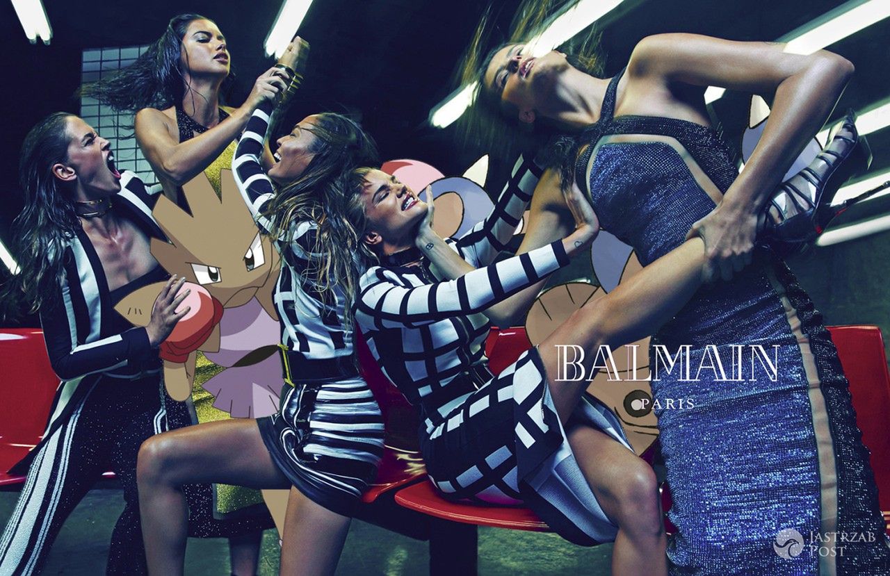 Kolaż Pokemonów ze zdjęciem z kampanii Balmain SS 2015 (fot. Pokexfashion.com)