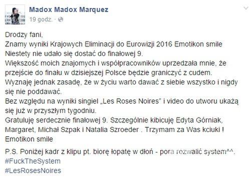 Madox komentuje wybór kandydatów na Eurowizję 2016
