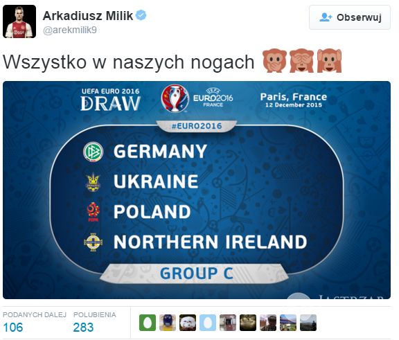 Arkadiusz Milik komentuje na twitterze wyniki losowania EURO 2016