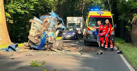 Wjechał w drzewo, auto skasowane. 40-latek w szpitalu