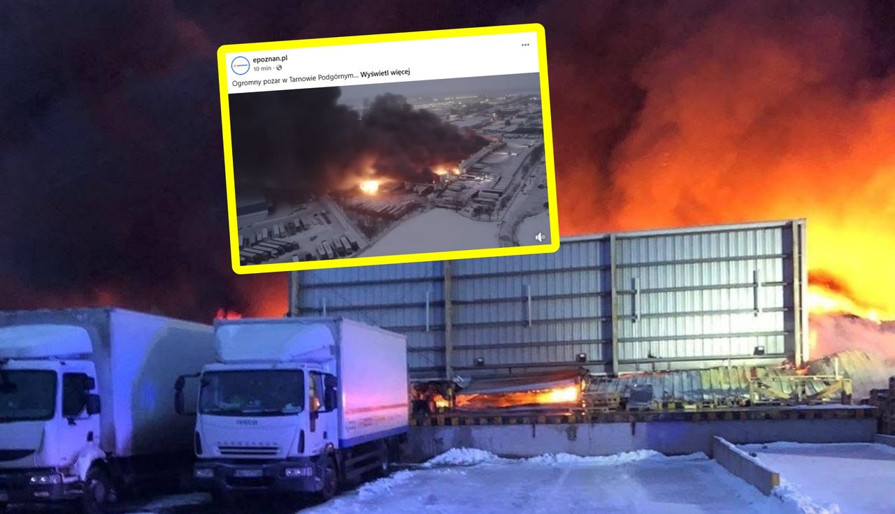 Potężne kłęby dymu. Ujęcia z lotu ptaka. "Utrudnieniem jest aura"