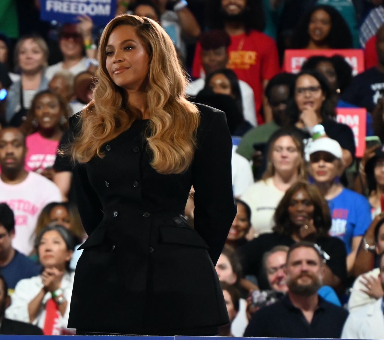 HOUSTON, TEXAS, UNITED STATES - OCTOBER 25: Beyonce attends campaign rally in support of US Vice President and Democratic presidential nominee Kamala Harris on 'Reproductive Freedom' at Shell Energy Stadium in Houston, Texas, United States on October 25, 2024. (Photo by Kyle Mazza/Anadolu via Getty Images)