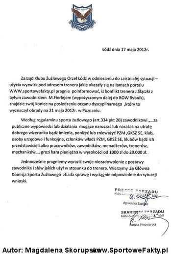 Pismo od zarządu Orła Łódź