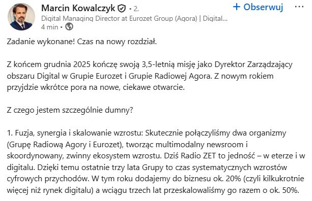Post Marcina Kowalczyka w LinkedIn. 