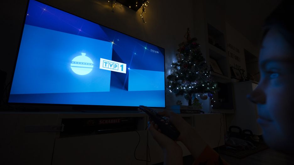 The TVP! logo is seen instead of the TVP Info logo on the main public news broadcaster channel on 20 December, 2023 in Warsaw, Poland. The new Donald Tusk led government has sacked the management of state media entities to return to what the new government calls an impartial and apolitical media lanscape. The previous Law and Justice (PiS) led government had turned the public broadcaster into what many have criticized as being a propaganda channel for the ruling party's own agenda. (Photo by Jaap Arriens/NurPhoto via Getty Images)
