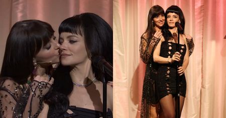 Odziana w bieliźnianą sukienkę Dakota Johnson sprzedaje całusy Lily Allen w "Saturday Night Live" (ZDJĘCIA)