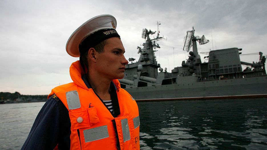 Ukraine - Military - Russian Fleet on the Black SeaA Russian sailor arrives aboard the destroyer Moskva. The Russian fleet in Ukraine consists of some 50-odd vessels. Ukraine said this year it will not extend the contract with Russia for continued stationing of the Russian Black Sea Fleet in the country after 2017. Political analysts say the mainly Russian-speaking Crimea Peninsula, where the Sevastopol base is located, could become the Black Sea region's next flashpoint after Georgia. Sebastovol has a population of 400,000 inhabitants, 80% of which are Russian-born and 15% Ukrainian. (Photo by Antoine Gyori/AGP/Corbis via Getty Images)Antoine Gyori - Corbisone person:CB1, navy:CB1, sea:CB1, army:CB1, fleet:CB1, destroyer:CB1, Russia:CB1, Sevastopol:CB2