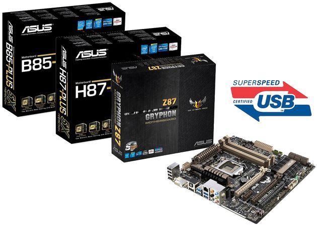 ASUS B85-Plus, H87-Plus, Gryphon Z87 płyty główne zdjęcie opakowanie USB 3.0 certyfikat
