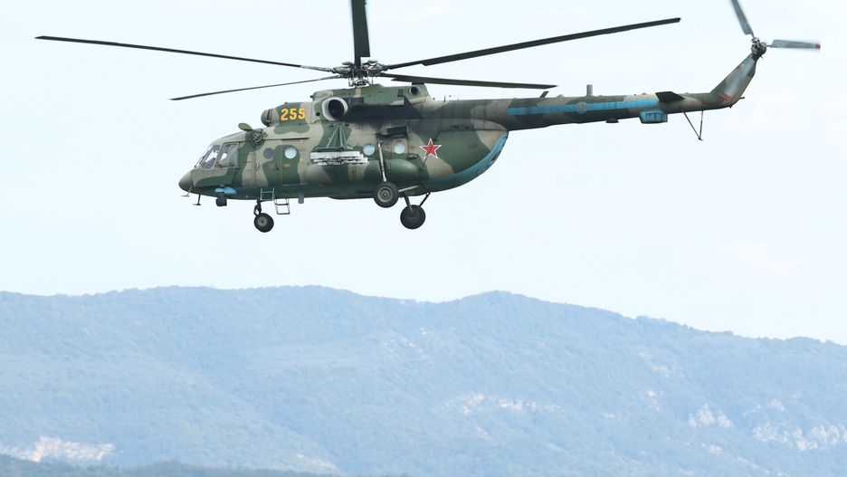 KHANKENDI, AZERBAIJAN - OCTOBER 2: A Russian heavy transport helicopter 255, lands at the airport in the town of Khojaly (Ivanyan), 10 kilometers northeast of Khankendi (Stepanakert) on October 2, 2023 in Khankendi, Azerbaijan. After three decades of Armenian control, the separatist authorities have agreed to disarm, dissolve their government and reintegrate with Azerbaijan in the wake of Baku's one-day military operation in late September. The separatist government said president Samvel Shahramanyan will stay in Karabakh's main city of Stepanakert with a group of officials "until the search and rescue operations for the remainder of those killed and those missing" are completed. (Photo by Aziz Karimov/Getty Images)
