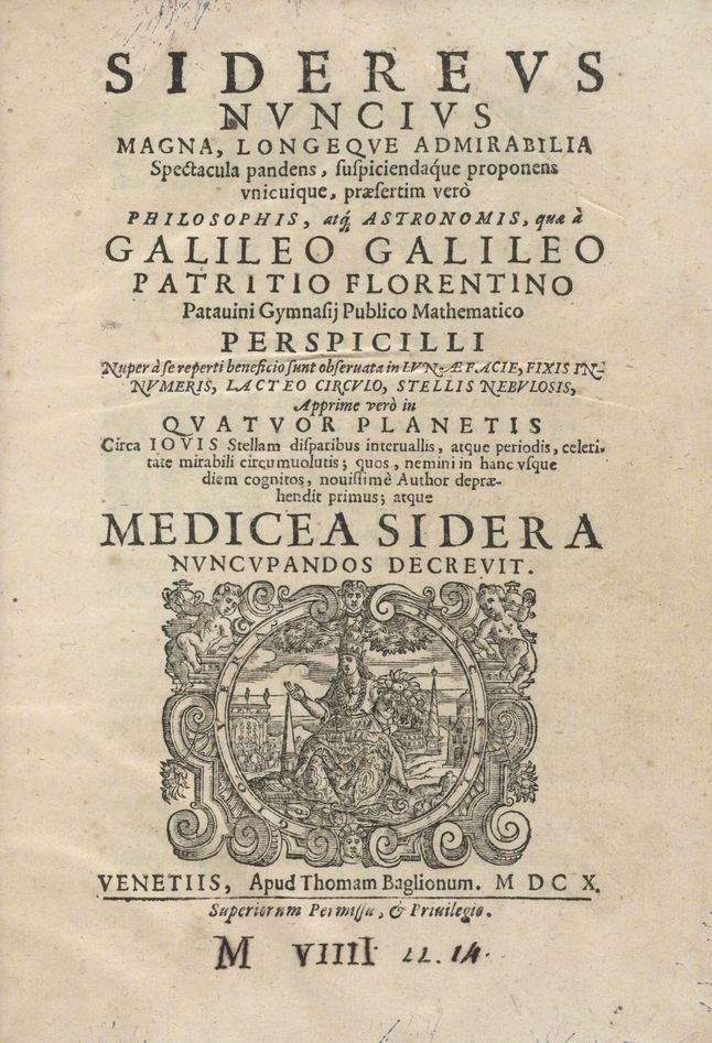 Strona tytułowa "Sidereus Nuncius" Galileusza.