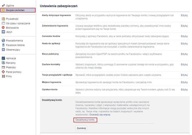 dezaktywowanie konta facebook 