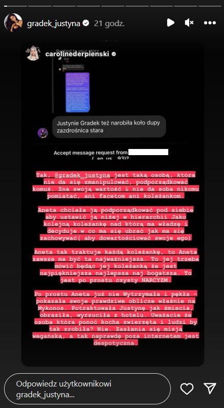 Justyna Gradek udostępniła materiał Caroline Derpieński (fot. InstaStories)