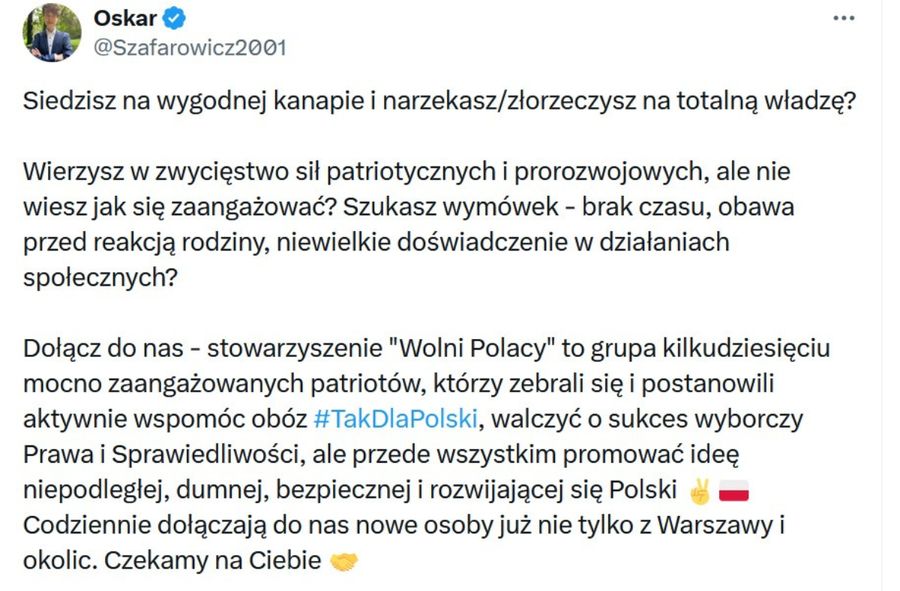 Oskar Szafarowicz mobilizuje na X