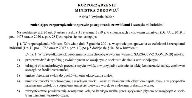 Rozporządzenie w sprawie pochówków ofiar epidemii koronawirusa 