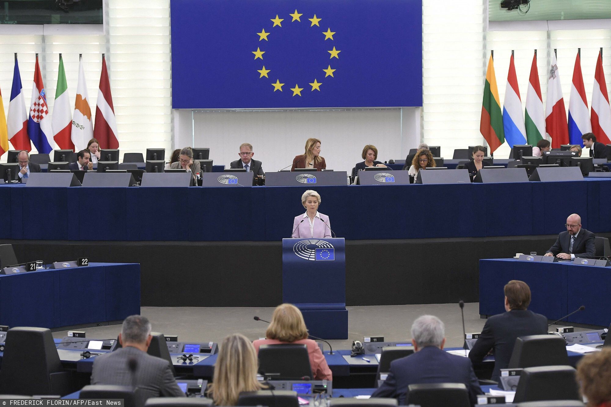 TemporaryEuropean Commission President Ursula von der Leyen speaks during a debate as part of a plenary session at the European Parliament on June 8, 2022 in Strasbourg, eastern France. (Photo by Frederick FLORIN / AFP)FREDERICK FLORIN