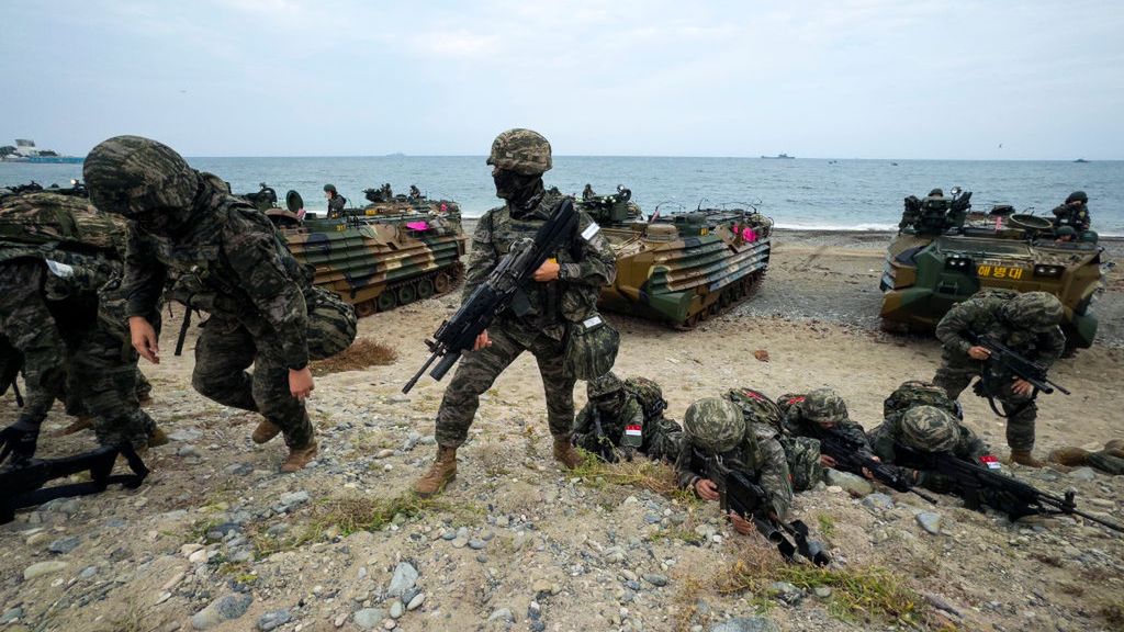 South Korea U.S. Joint Military Exercise Ssang Yong
POHANG, SOUTH KOREA - SEPTEMBER 2: Soldiers deploy from amphibious vehicles after landing on a beach in Exercise Ssang Yong, a joint military exercise between South Korea and the U.S. Navy and Marine Corps, on Monday, Sept. 2, 2024 in Pohang, South Korea.

(Photo by Jintak Han/The Washington Post via Getty Images)
The Washington Post