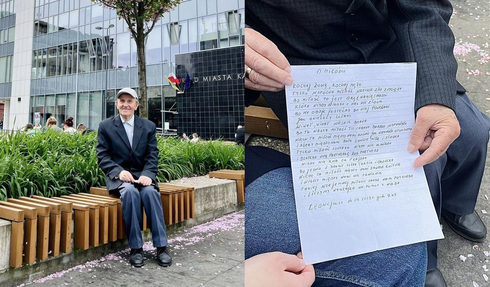 86-latek czyta wiersze na ulicy. Ludzie są poruszeni