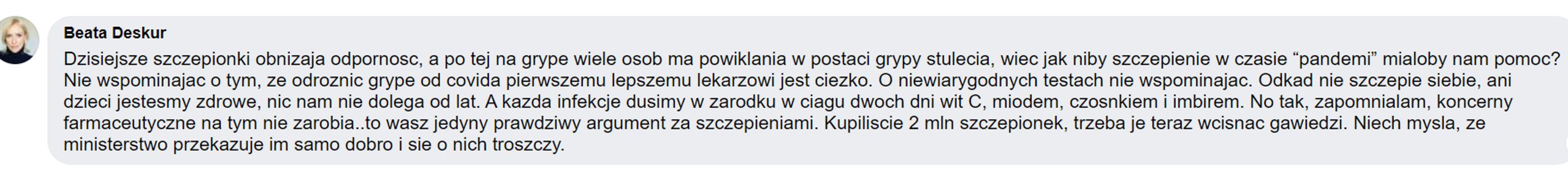Beata Deskur nie wierzy w szczepienia
