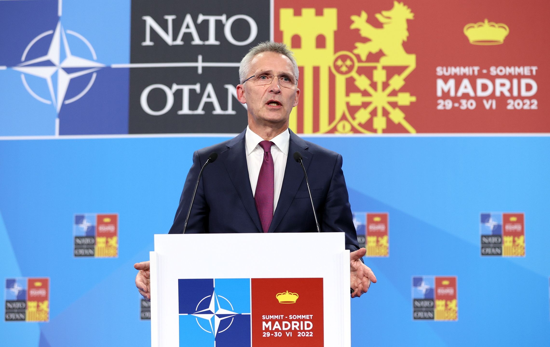 MADRID, SPAIN - JUNE 28: NATO Secretary-General Jens Stoltenberg speaks during a press conference after Turkiye, Finland, and Sweden signed a memorandum on the Nordic countriesâ NATO bids following four-way talks in Madrid, Spain on June 28, 2022. (Photo by Dursun Aydemir/Anadolu Agency via Getty Images)