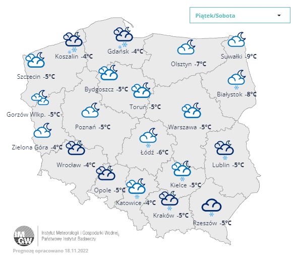 W nocy zachmurzenie umiarkowane, okresami duże, głównie na płn. i płd.  i tam możliwe opady śniegu