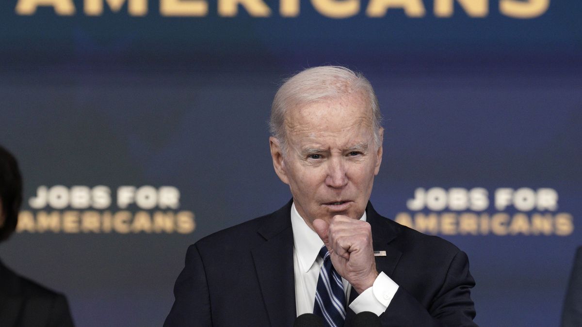 US President Joe Biden speaks in the Eisenhower Executive Office Building in Washington, DC, US, on Friday, Feb. 3, 2023. The US labor market burned red-hot in January as hiring unexpectedly surged and unemployment fell to a 53-year low, defying recession forecasts and adding pressure on the Federal Reserve to keep raising interest rates. Photographer: Yuri Gripas/Abaca/Bloomberg via Getty Images