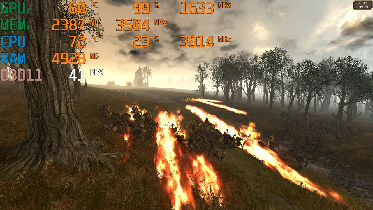 Total War: WARHAMMER / 1080p, ust. wysokie, AA x0 / śr. – 48,6 fps; min. – 39 fps