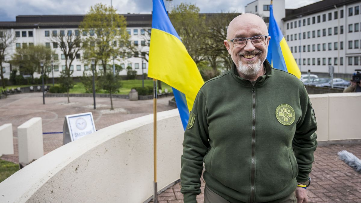 RAMSTEIN-MIESENBACH, GERMANY - APRIL 21:  Ukrainian Defence Minister Oleksii Reznikov speaks to the media after a meeting of the Ukraine Defence Contact Group at Ramstein Air Base on April 21, 2023 in Ramstein-Miesenbach, Germany. The group, which coordinates international military support for Ukraine, is meeting as allied countries are struggling to deliver sufficient amounts of artillery rounds and other ammunition to the Ukrainian military. (Photo by Thomas Lohnes/Getty Images)