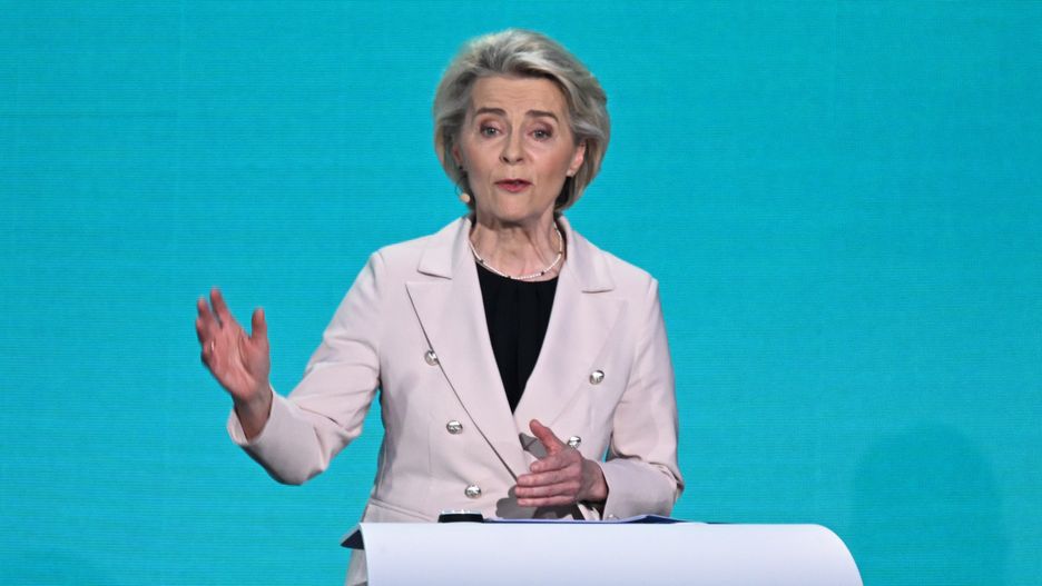 BRUSSELS, BELGIUM - MAY 23: European People's Party's (EPP) German candidate for the presidency of the European Commission, Ursula von der Leyen makes a statement as she attends a debate at the European Parliament in Brussels, Belgium on May 23, 2024. (Photo by Dursun Aydemir/Anadolu via Getty Images)