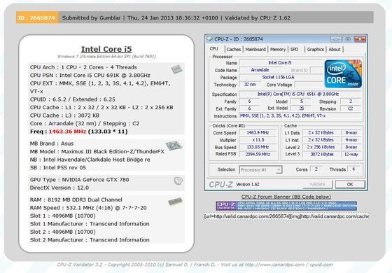 CPU-Z Intel Core i5 691K ASUS Maximus III Black Edition-Z/ThunderFX Nvidia GeForce GTX 780 fałszywa walidacja