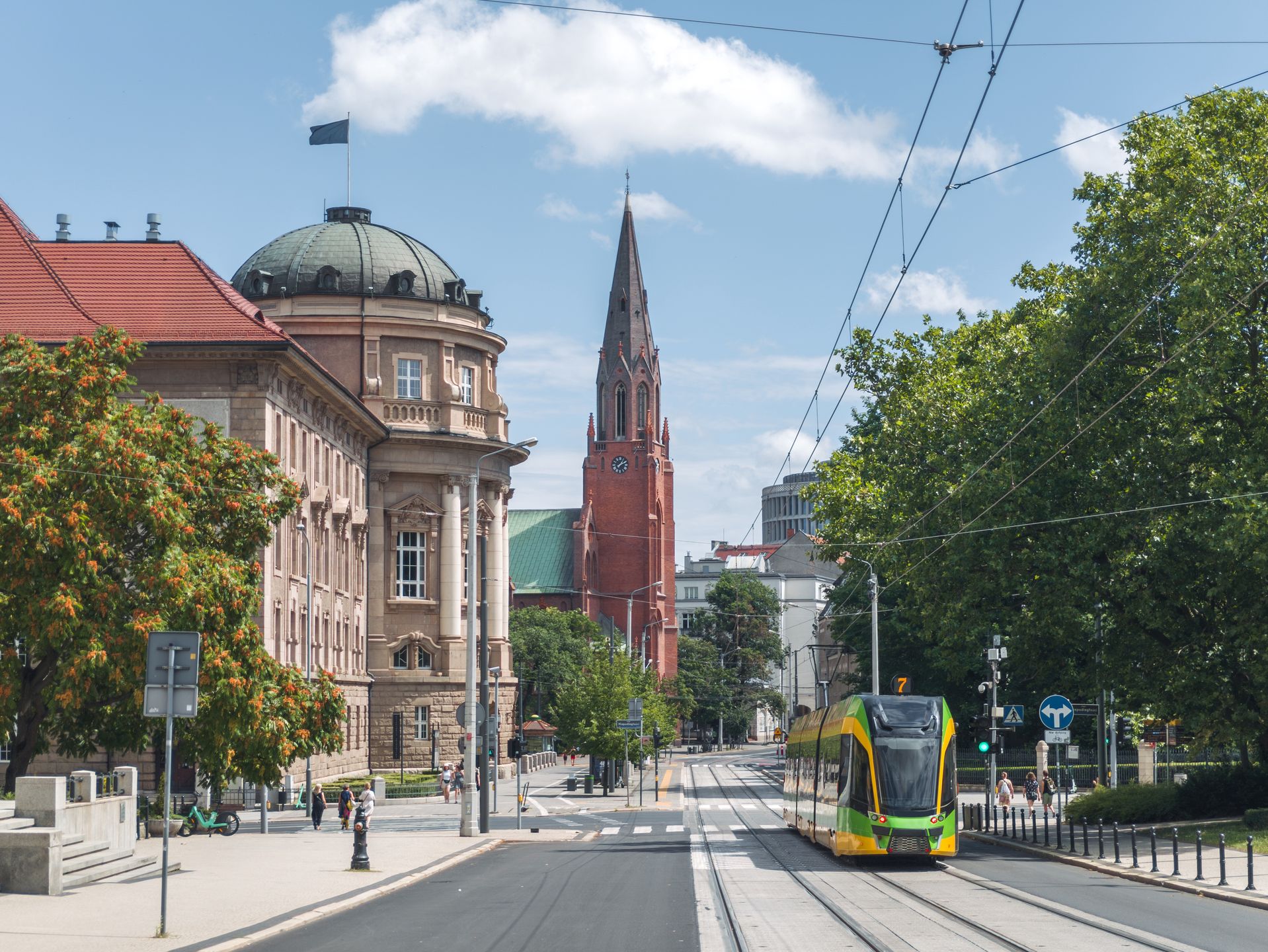 poland, wielkopolska, tram, street, city, adam mickiewicz university, fredry, summer, cityscape, uam, church, modern, transport, travel, public, transportation, architecture, green, greater poland, europe, tourism, view, historic, old, landscape, uniwersytet im. adama mickiewicza