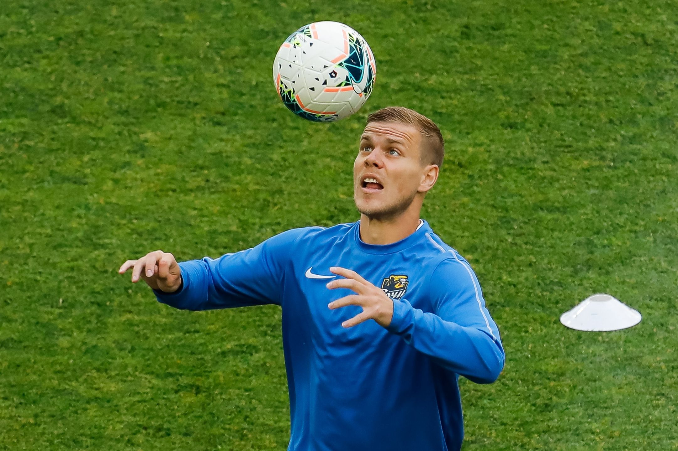 Aleksandr Kokorin of PFC Sochi in action during warm-up ahead of the Russian Premier League match between FC Zenit Saint Petersburg and PFC Sochi on July 8, 2020 at Gazprom Arena in Saint Petersburg, Russia. (Photo by Mike Kireev/NurPhoto via Getty Images)