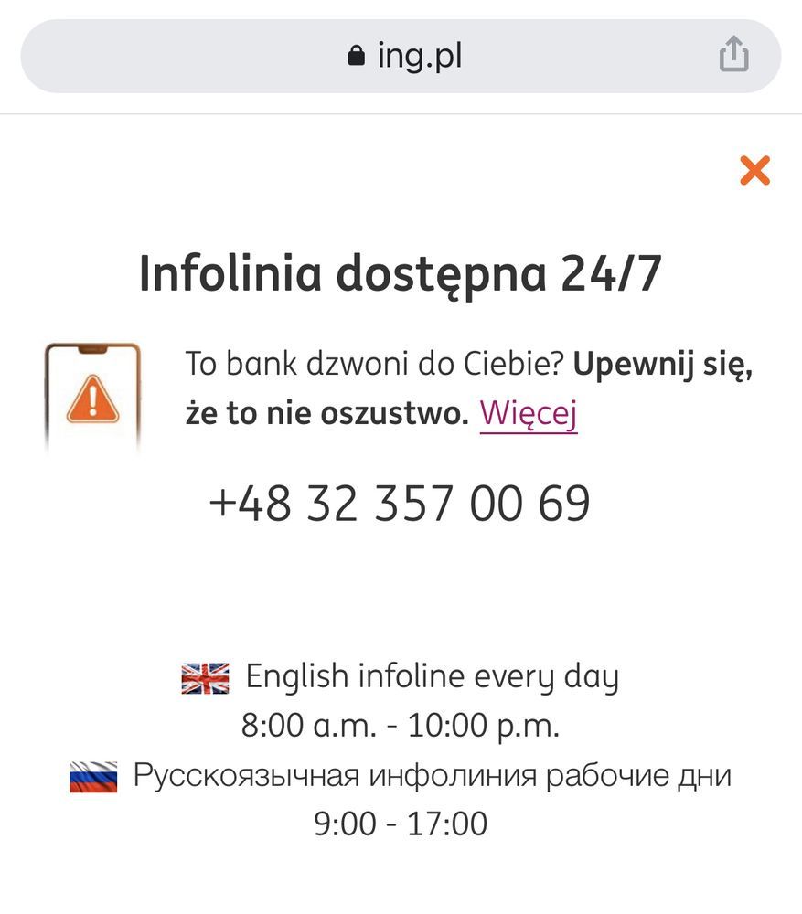 ING - informacja o telefonach z banku