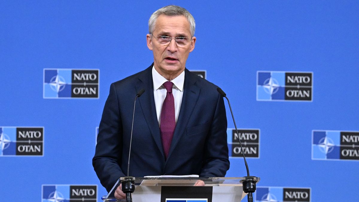 BRUSSELS, BELGIUM - NOVEMBER 29: NATO Secretary General Jens Stoltenberg holds a press conference  after the meeting of NATO Ministers of Foreign Affairs at the NATO Headquarters in Brussels, Belgium on November 29, 2023. (Photo by Dursun Aydemir/Anadolu via Getty Images)