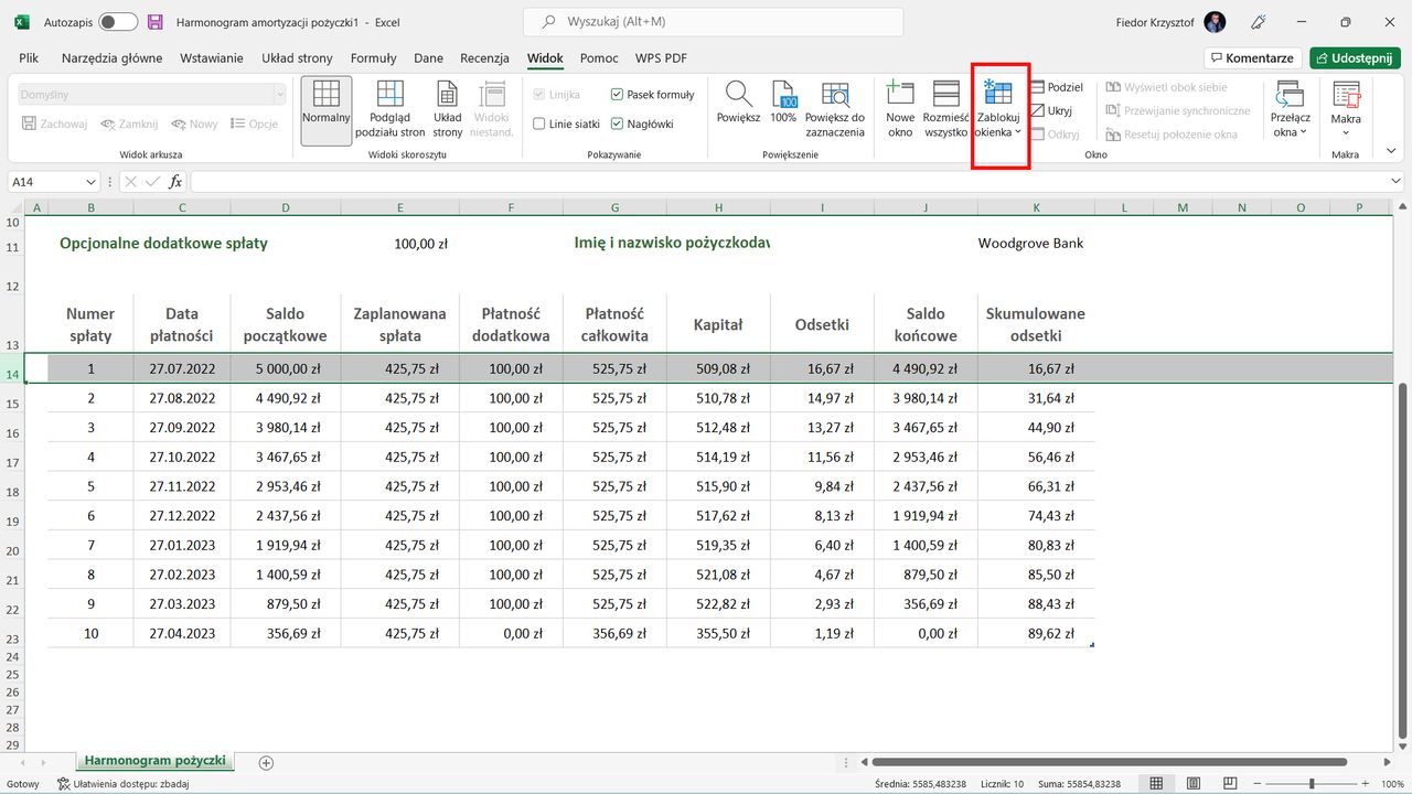 Microsoft Excel: Zablokuj okienka