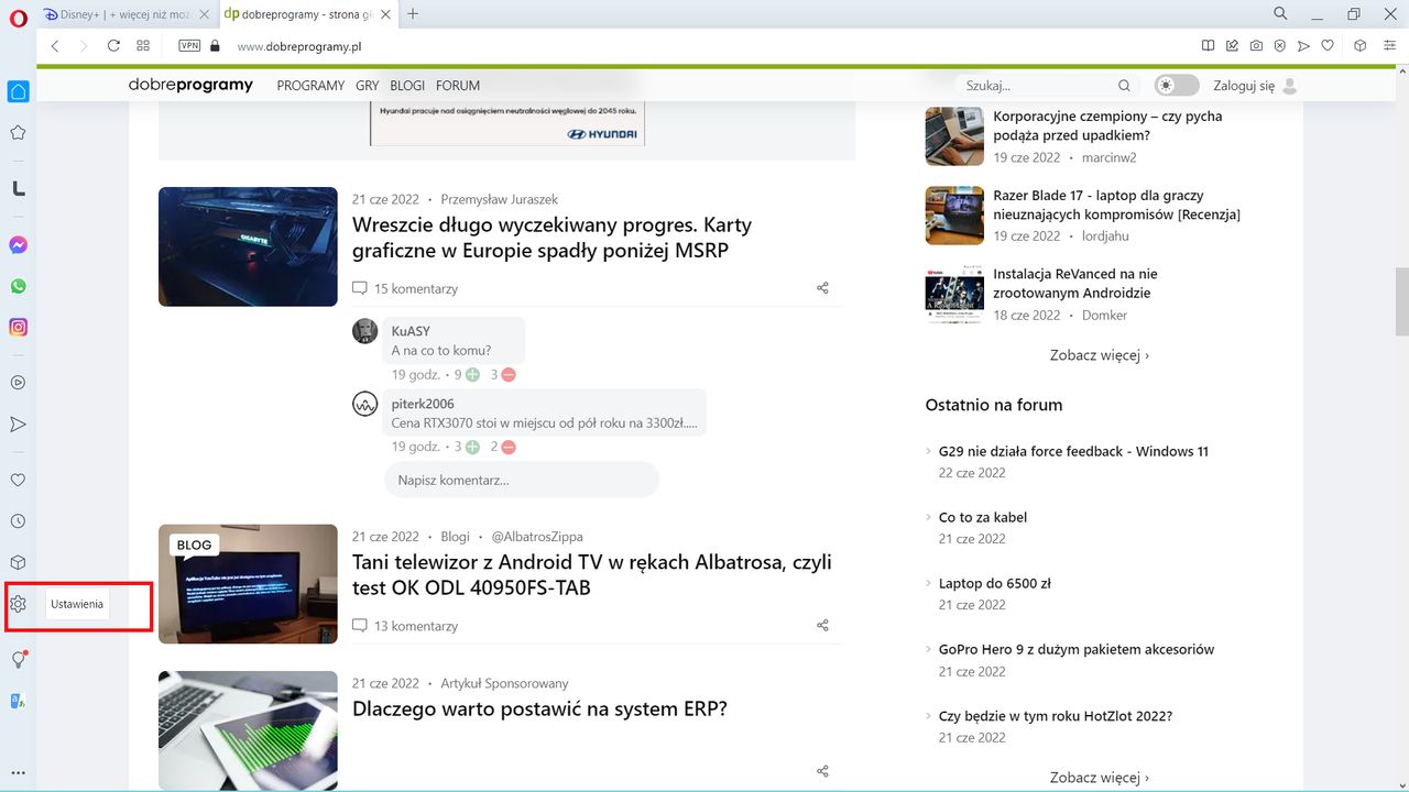 Opera: na pasku bocznym odnajdujemy przycisk Ustawienia