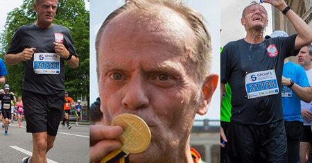 Tusk oblewa się wodą, mierzy z pistoletu i całuje medal: "PRZEŻYŁEM!" (ZDJĘCIA)