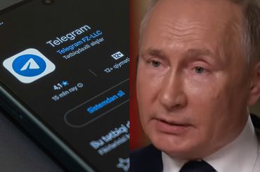 Telegram na smartfonie i Władimir Putin