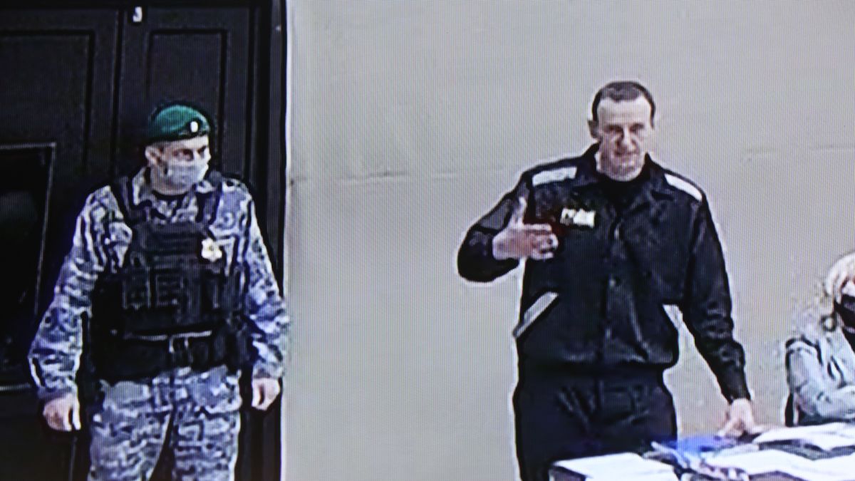 Trial Of Alexei NavalnyPOKROV, RUSSIA - FEBRUARY,21 (RUSSIA OUT): Russian opposition politician Alexei Navalny seen speaking on the screen during the trial at the Penal Colony Number 2, Ferburary,21,2022, in Pokrov, Vladimir region, Russia. A new trial against Russian opposition leader and Kremlin critic Alexei Navalny started last week. (Photo by Mikhail Svetlov/Getty Images)Mikhail Svetlov