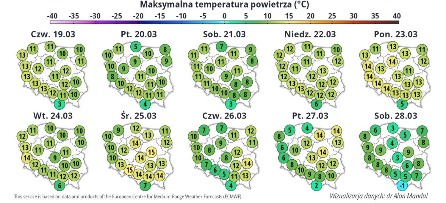 Maksymalne prognozowane temperatury powietrza.