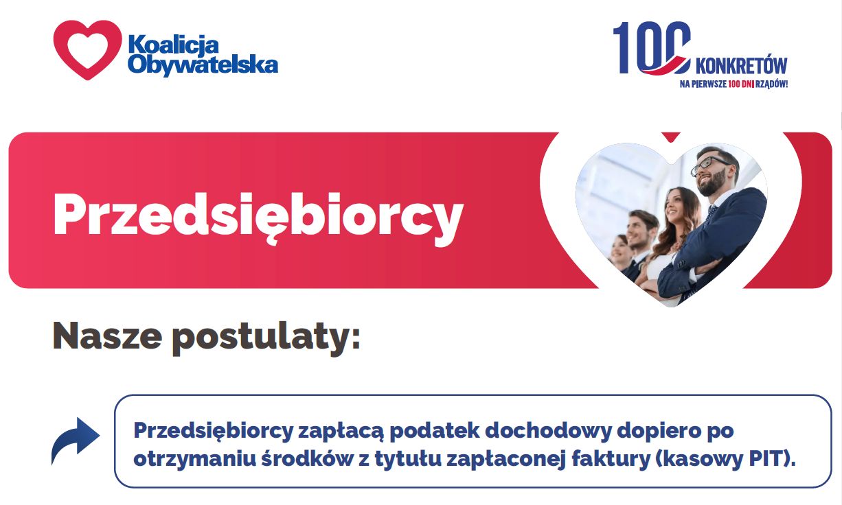 Fragment prezentacji ze stoma konkretami na pierwsze sto dni rządów z obietnicą wprowadzenia kasowego PIT-u