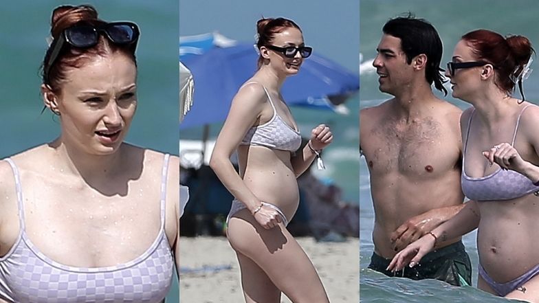 Sophie Turner prezentuje zaokrąglony brzuch, szalejąc na plaży z Joe Jonasem